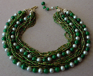 Green seed beads with faux jade, faux pearl necklace