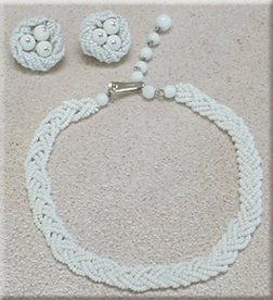 Braided white glass bead necklace with clip earrings